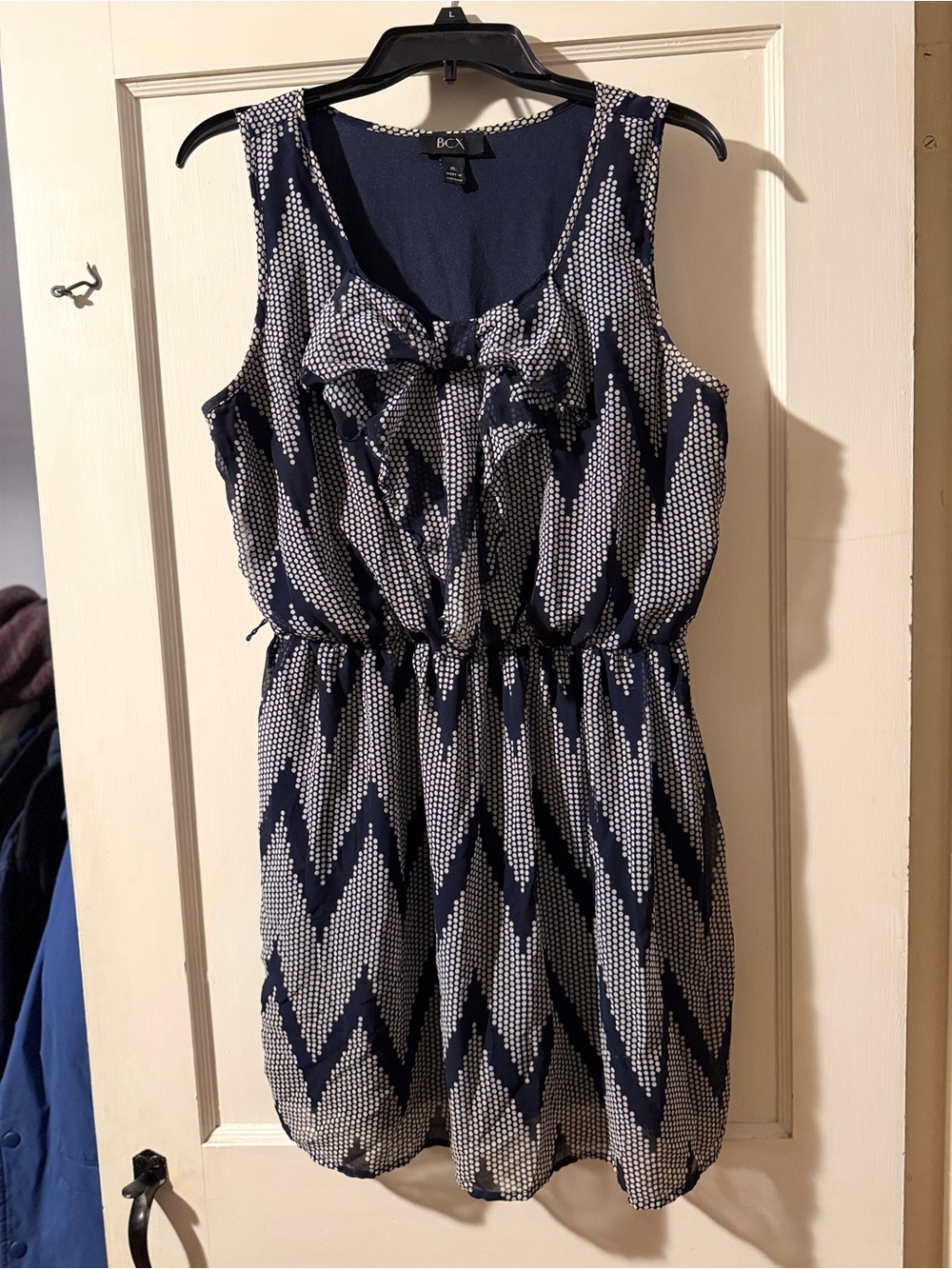 BCX Navy and White Sleeveless Ruffle Front Mini Dress